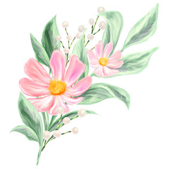 Bouquet of spring flowers. Isolated botanical illustration for design of invitations, greeting cards. Composition of pink and white wildflowers.