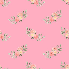 Fototapeta na wymiar Spring flowers seamless pattern. Botanical background. Arrangement of pink and white wildflowers.