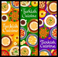 Turkish cuisine meals banners with food dishes for lunch and dinner, vector. Turkish traditional cuisine menu with pistachio baklava sweet dessert and bulgur kofte with bean salad and vegetables