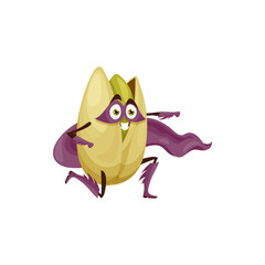 Pistachio nut in shell superhero in mask and cape isolated cartoon character kids emoji emoticon. Vector super hero food snack, vegetarian roasted pistache. Pistachio with green seed comic mascot