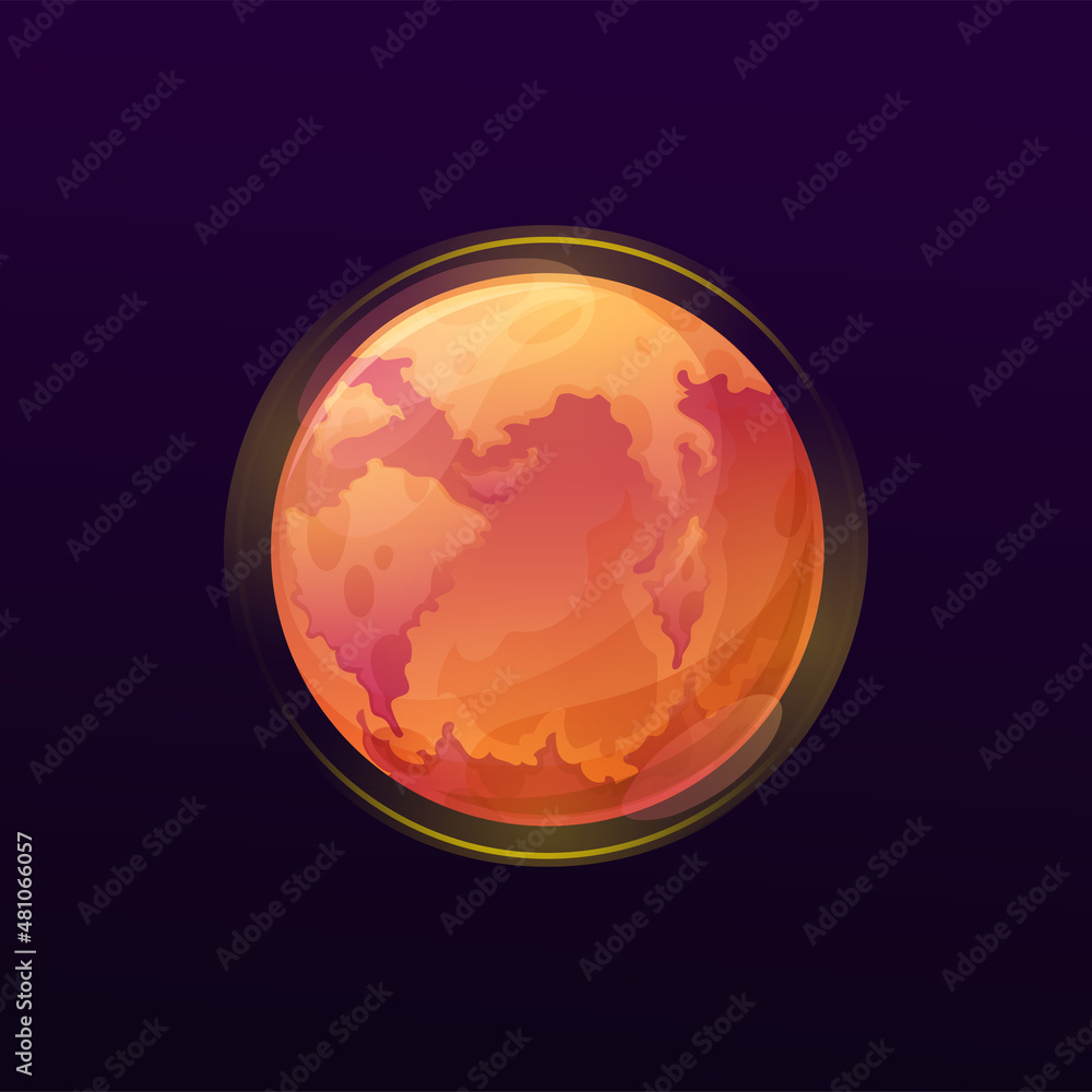 Poster red space planet with oceans and continents. space fantasy or artificial world, game design element,