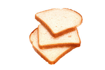 three slices of wheat bread isolated on white background. side view