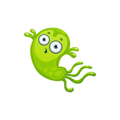 Cartoon virus cell vector icon, cute green bacteria, astonished germ character with funny face. Smiling pathogen microbe with big eyes and long flagella, isolated micro organism symbol