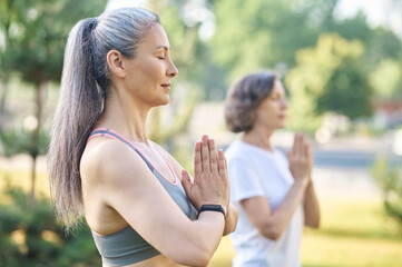 Fototapeta premium People in the park standing with hands in namaste and their eyes closed