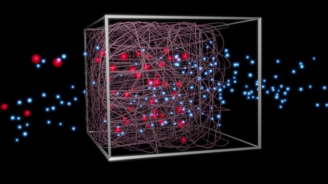 Particles captured and separated in filter fibers.. Molecular filter . Atomic filter . Particle separator . Viruses, germs, bacteria , mold filtration. Air purification.  3d animation rendering