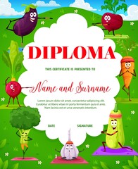 Cartoon happy vegetables on yoga or pilates sport, kids vertical vector diploma. Education certificate diploma with eggplant, garlic and carrot, broccoli, zucchini squash and beet on yoga meditation