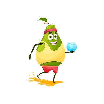 Green pear summer fruit on rest isolated cartoon character with beach volleyball ball in hands, sportive cloth. Funny pear with leaf on vacation rest, exotic food emoticon active hobby sport