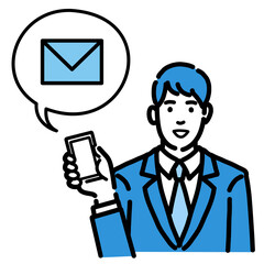 スマートフォンを持ってメールの説明をしているスーツを着た若い男性
