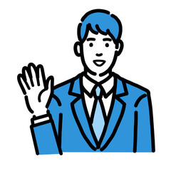 手を挙げて笑顔で挨拶しているスーツを着た若い男性
