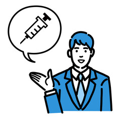 ワクチン、予防接種の説明をしているスーツを着た若い男性
