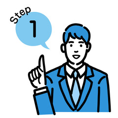 ステップ1　工程を説明するスーツを着た若い男性
