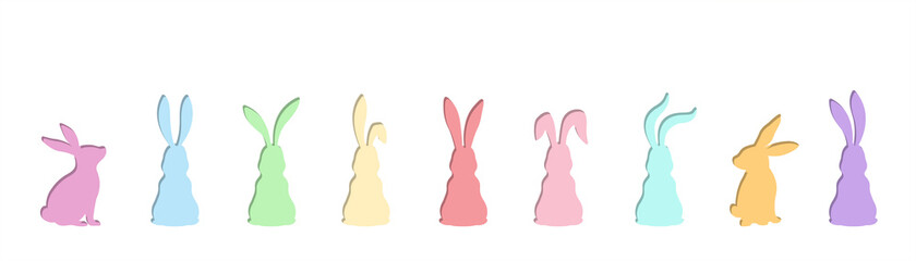 Vector colorful different bunnies is sitting at white background. Template for laser cut with Easter hunt concept. Diversity and inclusion.
