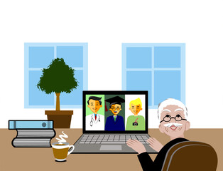 Elderly man using laptop to talk to family online from home with coffee mug on wooden Desk . Distance communication during covid-19 lockdown, retired lifestyle ,technology concept,