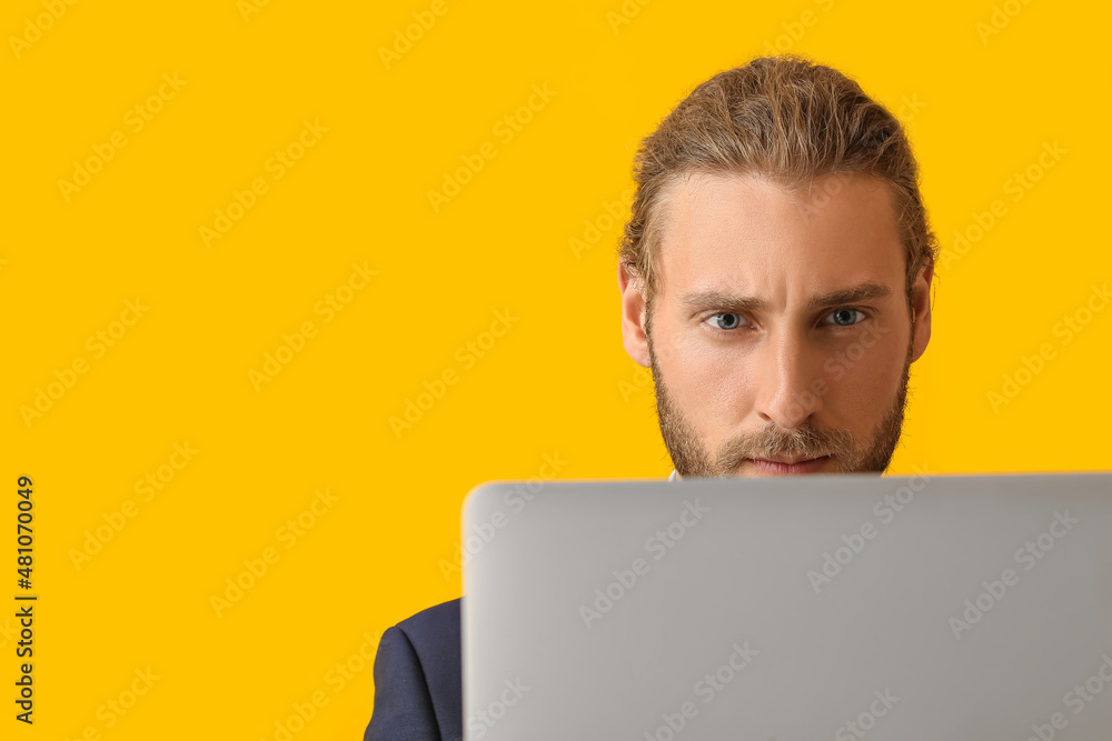 Poster man with laptop on color background