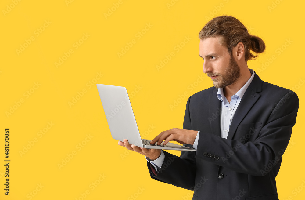 Poster man with laptop on color background