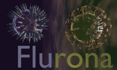 3D render of the flu virus from Influenza next to a coronavirus from covid-19 with a cloudy purple and green background and the word Flurona.
