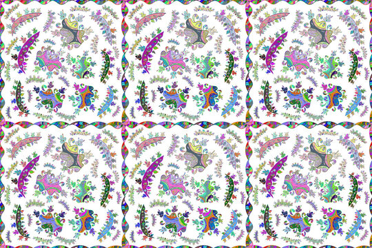 Seamless pattern with interesting doodles on colorfil background. Pano. Raster illustration.