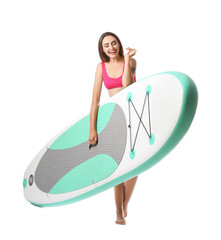 Beautiful young woman with board for sup surfing on white background