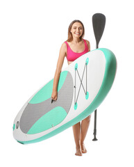 Beautiful young woman with board for sup surfing and oar on white background