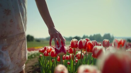 Closeup woman touching colorful tulips with fingers in beautiful flower garden.