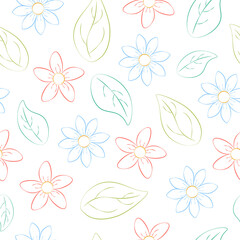 Fototapeta na wymiar Pattern. Bright seamless pattern with the image of multicolored flowers and green leaves. A pattern drawn by hand with a pencil. Vector illustration on a white background