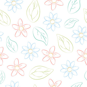 Pattern. Bright seamless pattern with the image of multicolored flowers and green leaves. A pattern drawn by hand with a pencil. Vector illustration on a white background