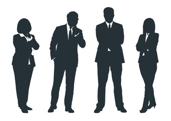 Business people group gray silhouettes pose on white background, flat line vector and illustration.