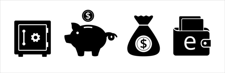 Business icon set. Money, saving, wealth and finance vector icons set. Contains symbol of vault, piggy bank, money bag, wallet.