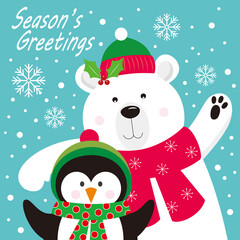 christmas card with polar bear and penguin