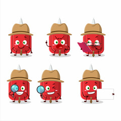 Detective red correction pen cute cartoon character holding magnifying glass