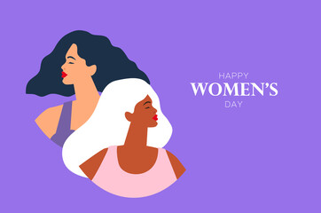 Two women of different cultures dancing or standing together. Women's friendship. Happy Women's day. Mother's Day. Venera, Venus female Body positive. Spring Summer time. Swimsuit.