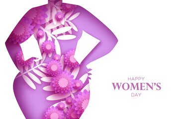 Floral female silhouette. Dancing woman. Flower bouquet. Happy Women's day. Happy Mother's Day. Venera, Venus female concept paper cut style. Body positive. Violet, Purple. Very peri.