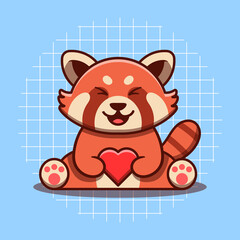 Cute red panda character hugging heart vector illustration. Flat cartoon style. Isolated cute animal concept.