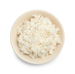 Bowl with tasty boiled rice on white background
