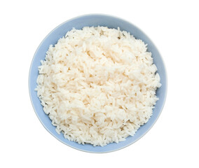 Bowl with tasty boiled rice on white background