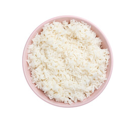 Bowl with tasty boiled rice on white background