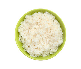Bowl with tasty boiled rice on white background