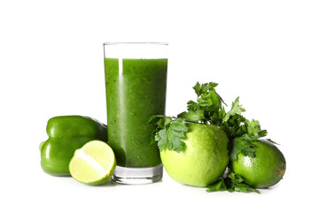 Glass of healthy green juice and fresh ingredients on white background
