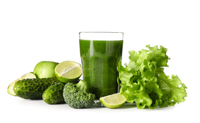 Glass of healthy green juice and fresh ingredients on white background