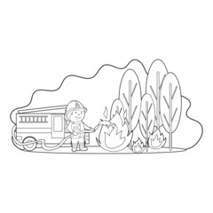 Naklejka premium coloring book, color a cartoon illustration of a firefighter extinguishing a forest fire, vector