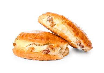 Tasty sochniki with cottage cheese on white background