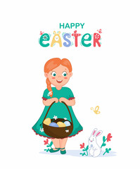 A little girl with a basket of Easter eggs and a rabbit. Cute cartoon - style character .Easter card, congratulations on the holiday.