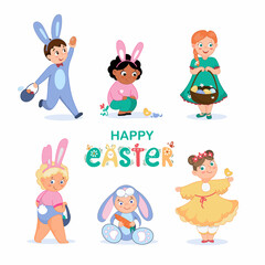 Small children in Easter costumes. A set of cute cartoon-style characters. Easter card, congratulations on the holiday.