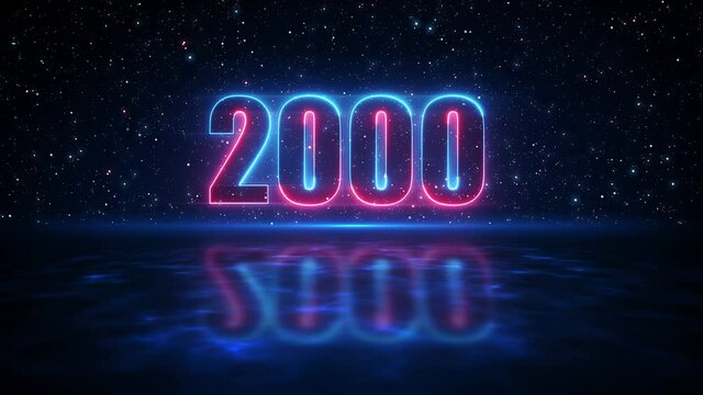 Futuristic Motion Red And Blue Number 2000 Display Neon Sign On Dark Blue Starry Sky Of The Space And Light Reflection On Water Surface Seamless Loop