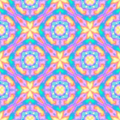 illustration of bright varicolored seamless pattern of abstract shapes and forms with circles and stars