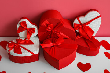 Heap of gifts for Valentine's Day on table in room
