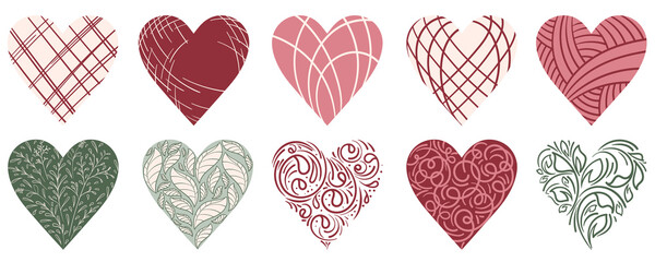 Set of different vector romantic hearts in doodle style. Hand-drawn illustration for decoration of Valentine's Day and wedding, design of invitations, cards, wrapping paper, package.