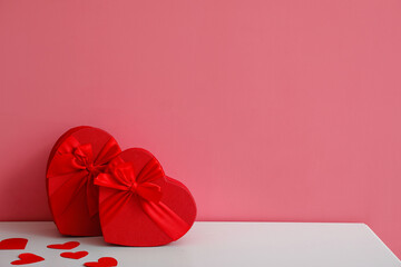 Gifts for Valentine's Day on table in room - obrazy, fototapety, plakaty