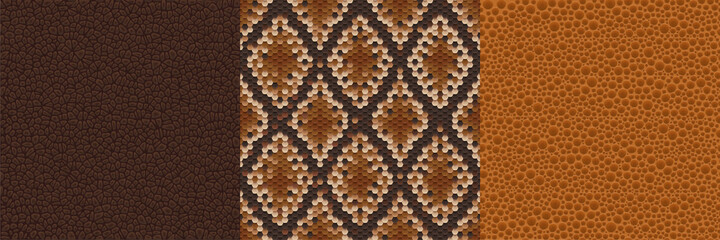 Textures of snake, crocodile or lizard skin. Seamless patterns with wild animals leather print. Vector background set of luxury fashion material from reptiles, python or rattlesnake spotted skin