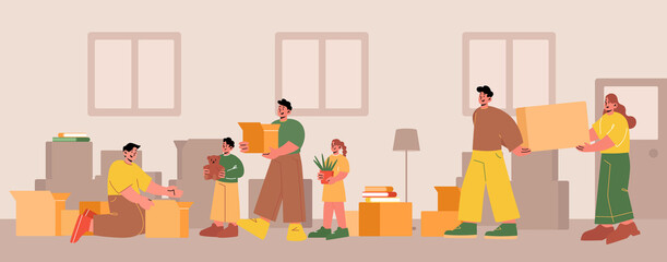 Family packing and move to new house. Vector flat illustration of home interior with happy people and kids carry cardboard boxes. Concept of relocation, moving, leave dwelling